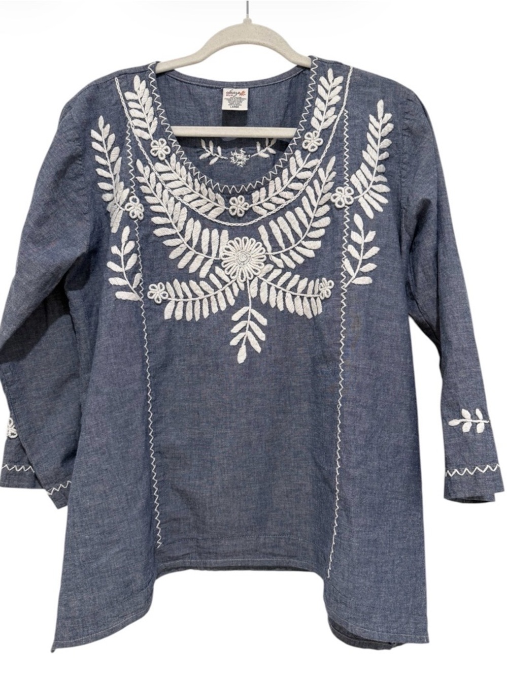 Abrazo Embroidered Indigo Blue Women's Tunic Top Bohemian Beach Large Cotton